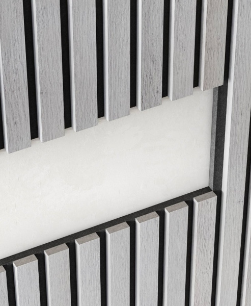 кустическая панель, черный войлок, 2750х600х19мм, рейки МДФ дуб Старинный светло-серый